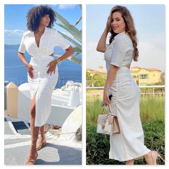 White Button Front Cut Out Back Midi Dress Short Sleeve Ruched Hips Collared - Picture 7 of 10